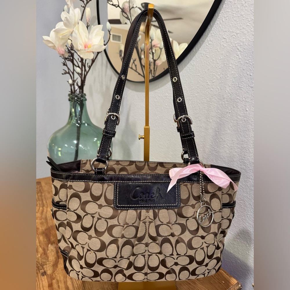 Coach Tan and Black Signature Shoulder Bag